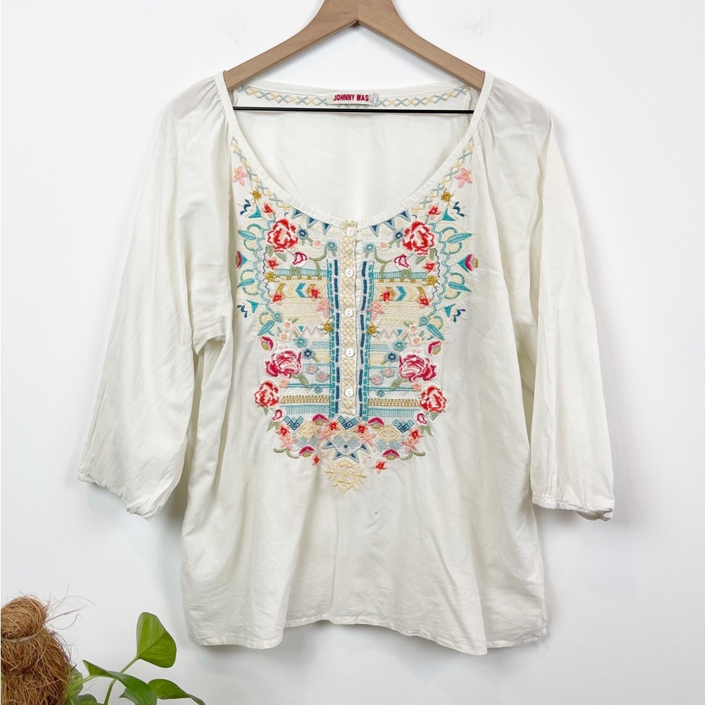 Scrumptious!!  JOHNNY WAS (EUC, Sz L) Lightweight Embroidered Peasant Blouse